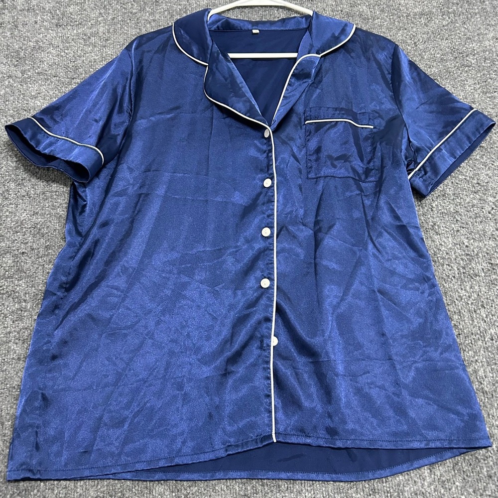 Unbranded Pajama Top Womens Size L Navy Blue Satin Short Sleeve Button Up Sleep
